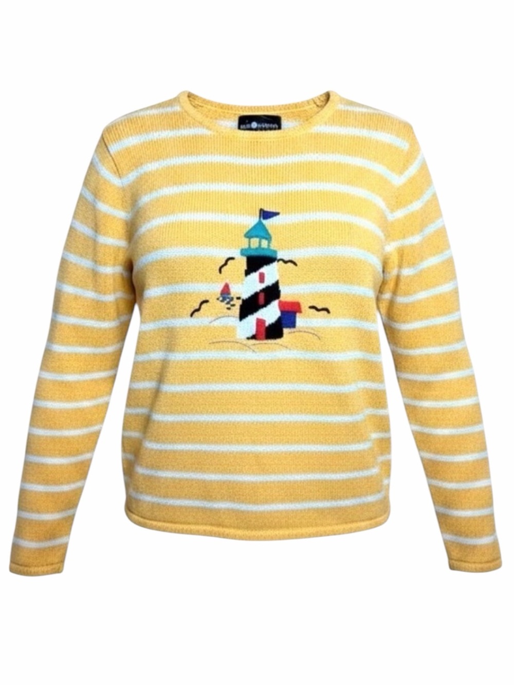 Vintage 90s Sag Harbor Lighthouse Striped Sweater Yellow Small